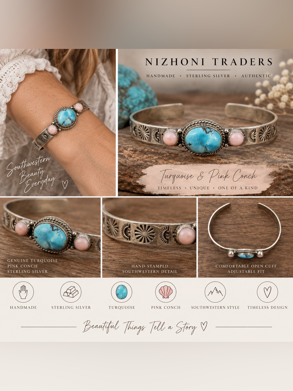 Nizhoni Traders Turquoise and Pink Conch Cuff Bracelet